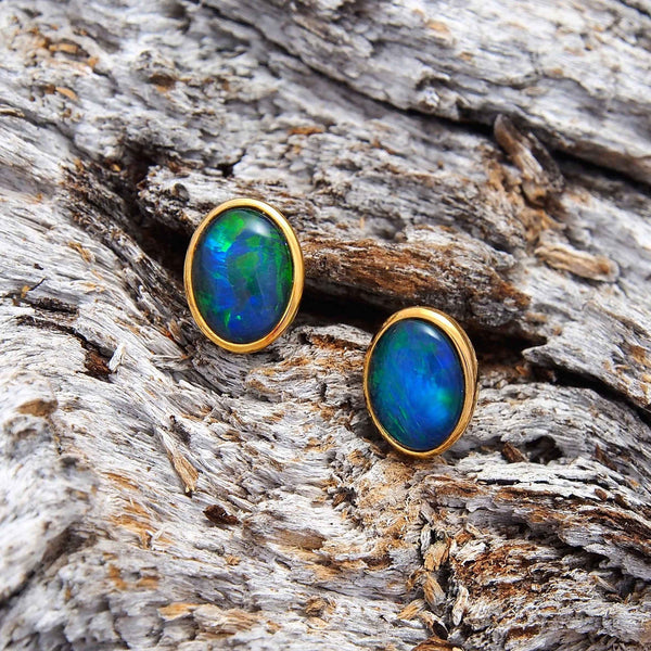 'Classic Oval' Gold Plated Silver Australian Triplet Opal Earrings - Black Star Opal