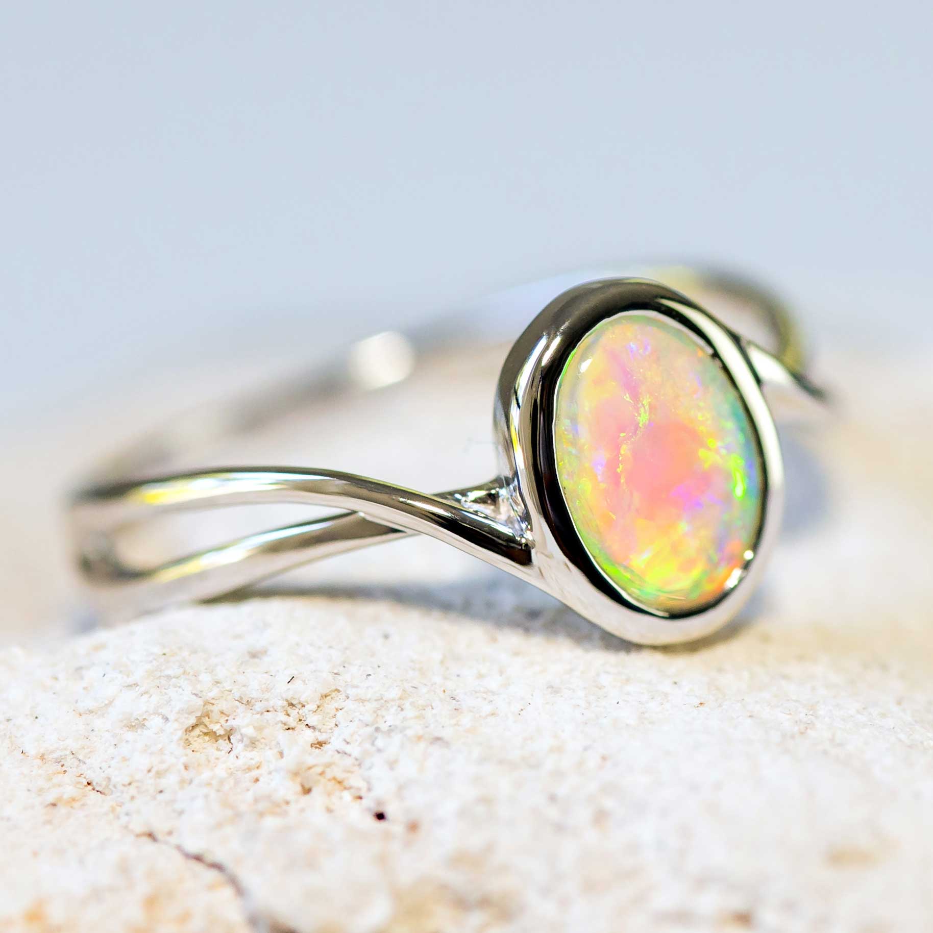 'Colette' White Gold Australian Crystal Opal Ring - Black Star Opal