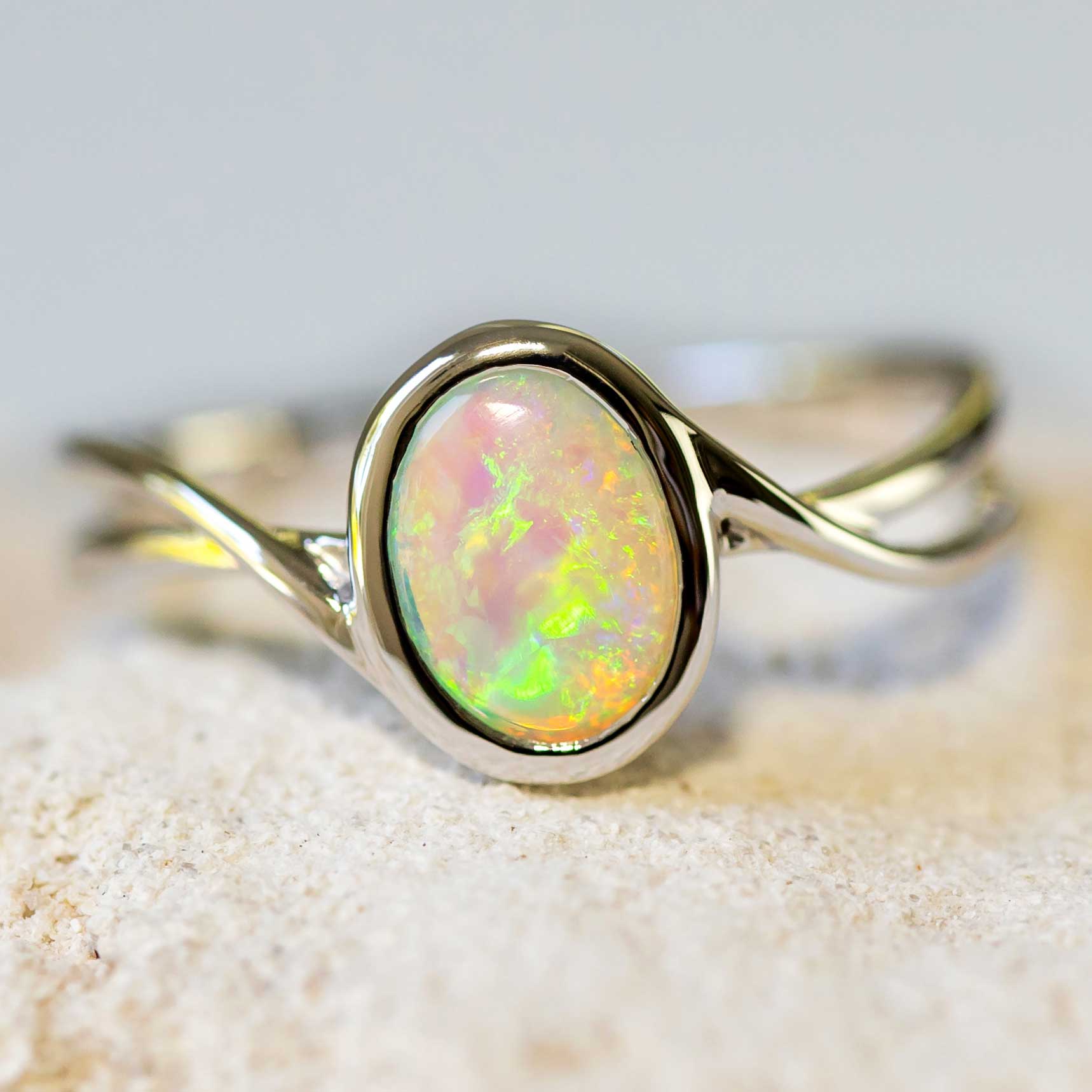 'Colette' White Gold Australian Crystal Opal Ring - Black Star Opal