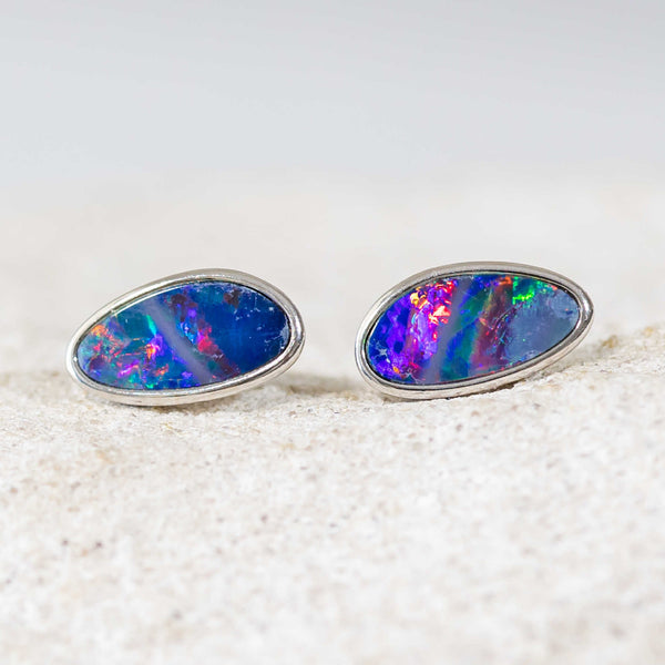 'Colour Burst' Silver Australian Doublet Opal Earrings - Black Star Opal