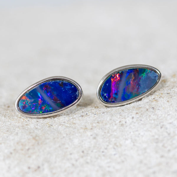 'Colour Burst' Silver Australian Doublet Opal Earrings - Black Star Opal