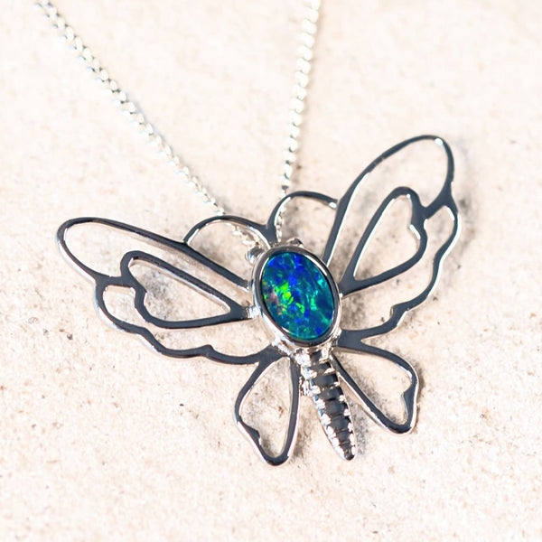 colourful doublet opal silver butterfly design pendant