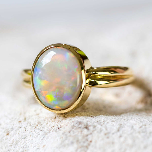 'Colour Play' Gold Australian Opal Ring - Black Star Opal