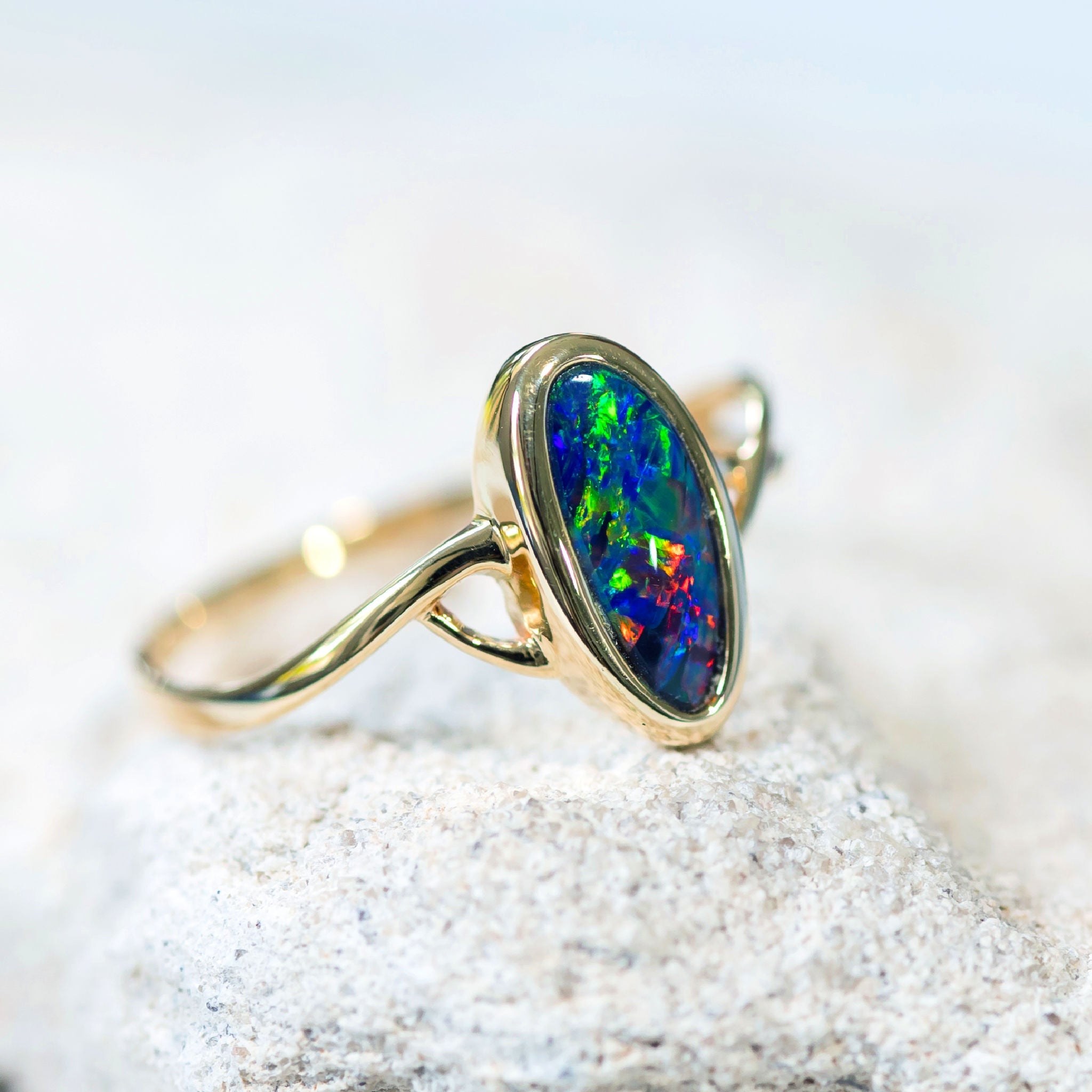 ‘Colour Twist’ Gold Australian Doublet Opal Ring - Black Star Opal