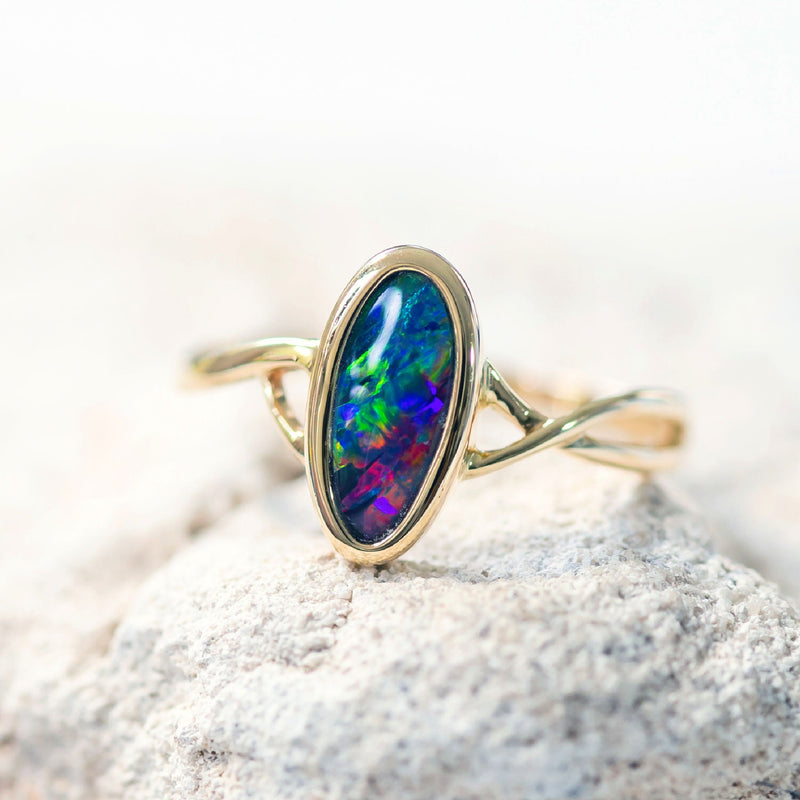 ‘Colour Twist’ Gold Australian Doublet Opal Ring - Black Star Opal