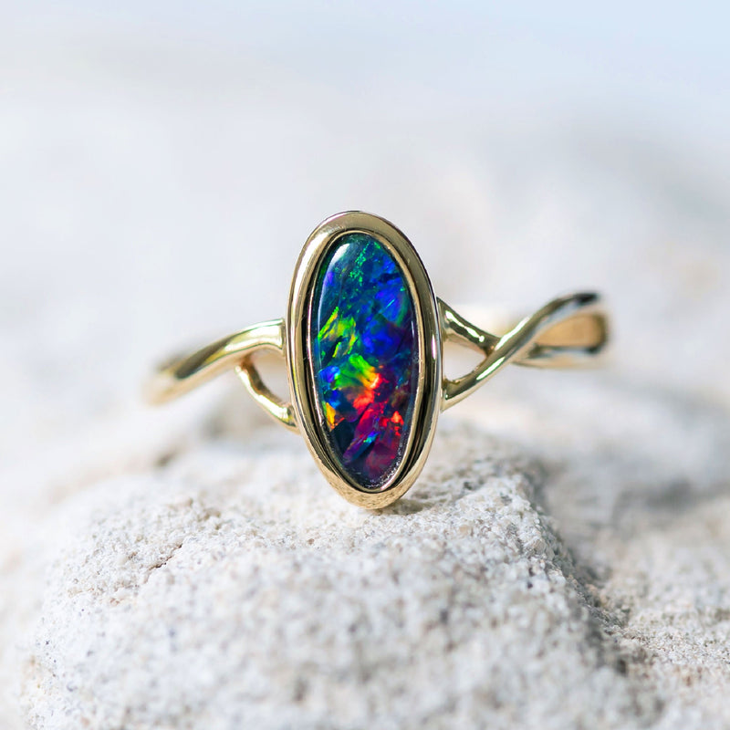 ‘Colour Twist’ Gold Australian Doublet Opal Ring - Black Star Opal