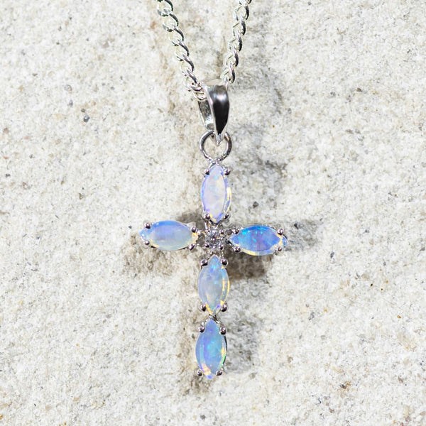 'Cross' Silver Australian Crystal Opal Necklace Pendant - Black Star Opal