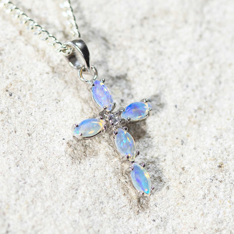 'Cross' Silver Australian Crystal Opal Necklace Pendant - Black Star Opal