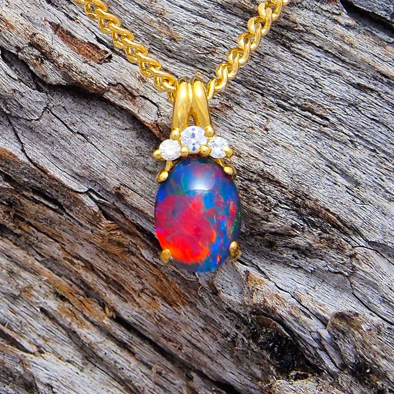 'Crown' Gold Plated Silver Australian Triplet Opal Necklace Pendant - Black Star Opal