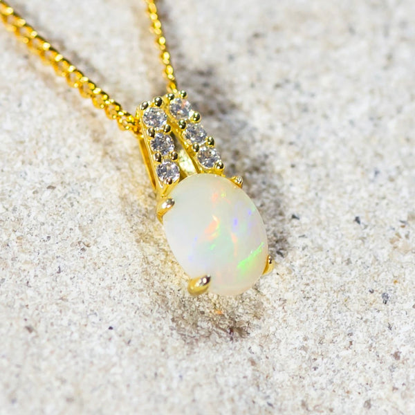 'Danika' Gold Plated Silver Australian White Opal Necklace Pendant - Black Star Opal