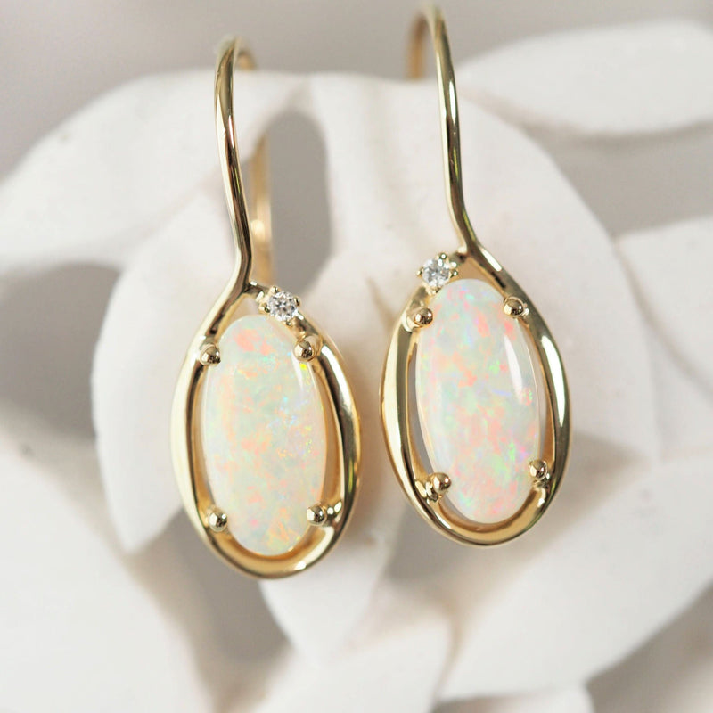 australian opal and diamond gold shepherd hook opal earrings