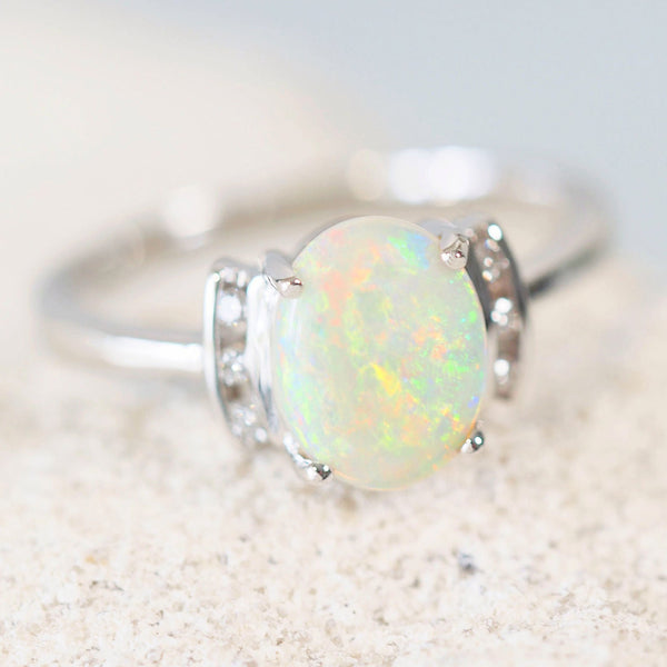 multi-colour crystal opal white gold ring with six diamonds