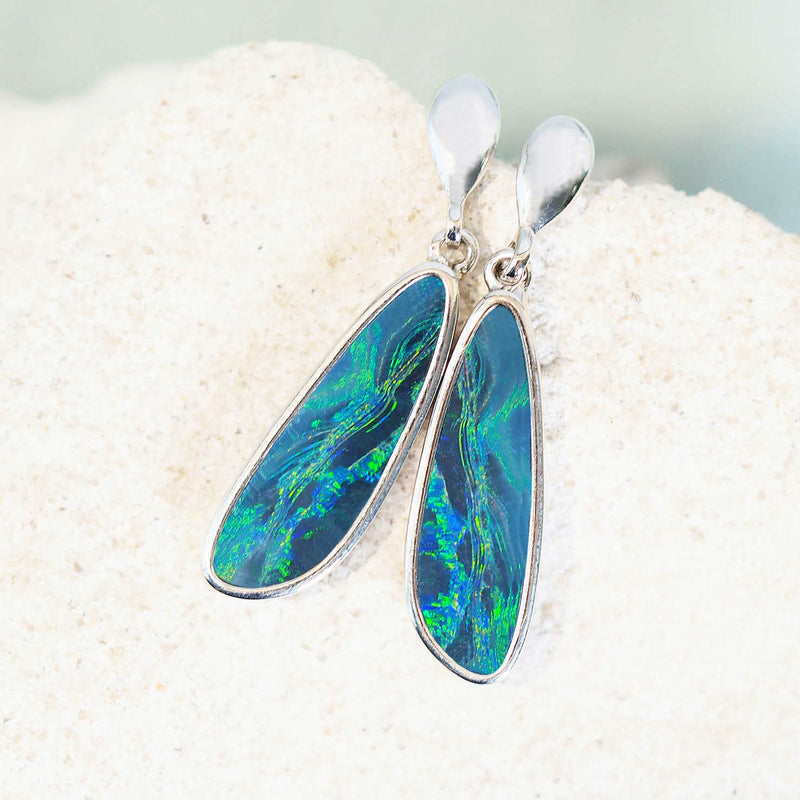 green and blue silver doublet opal earrings