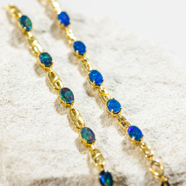 Colourful or blue and green triplet opal gold plated silver bracelet