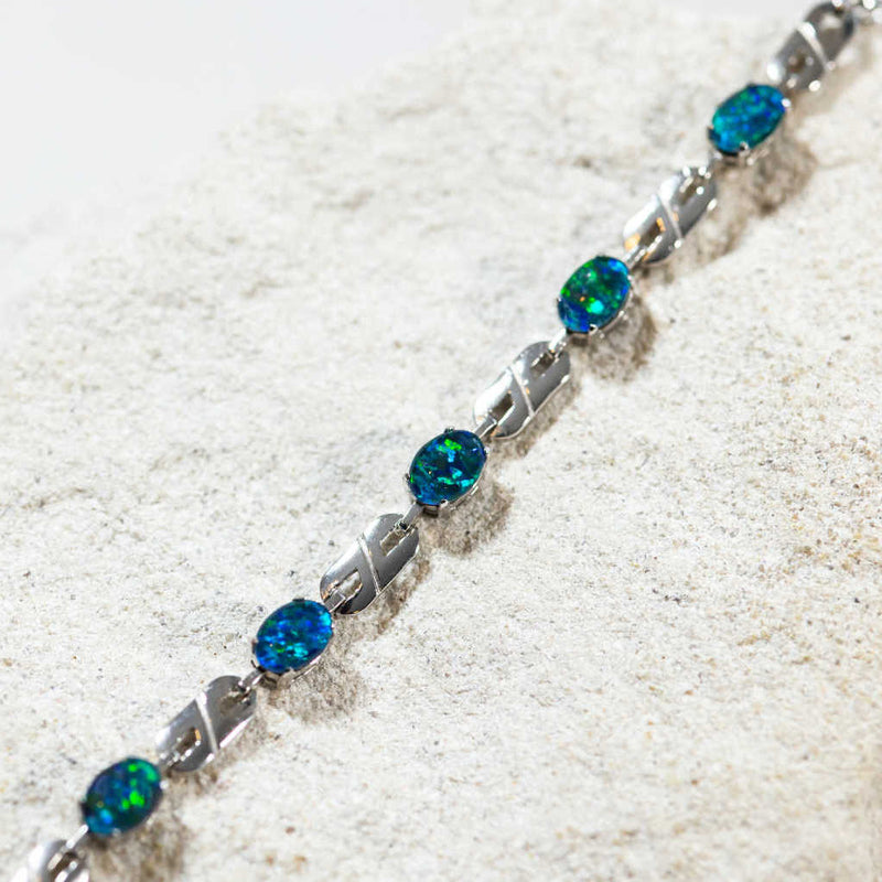 'Double Link' Silver Australian Triplet Opal Bracelet - Black Star Opal