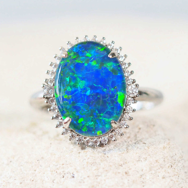 green and blue triplet opal silver ring