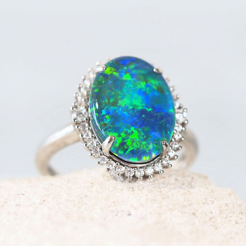 australian opal silver ring with diamantes