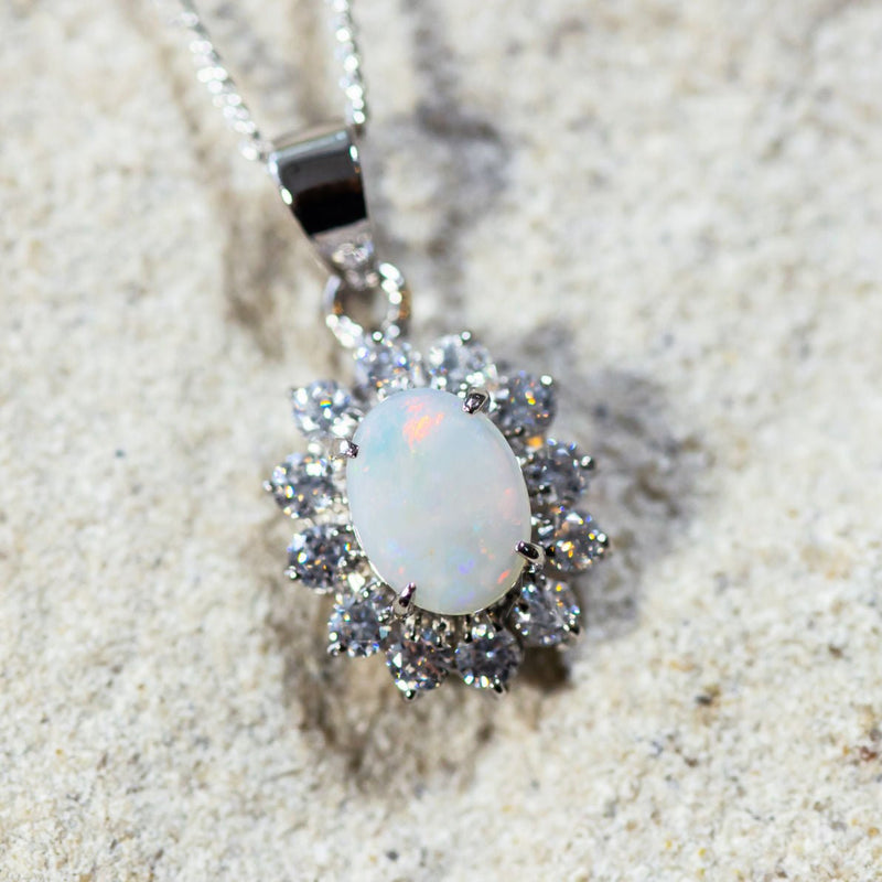 'Duchess' Silver Australian White Opal Necklace Pendant - Black Star Opal