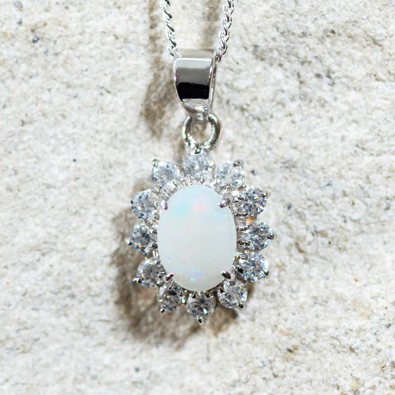 'Duchess' Silver Australian White Opal Necklace Pendant - Black Star Opal
