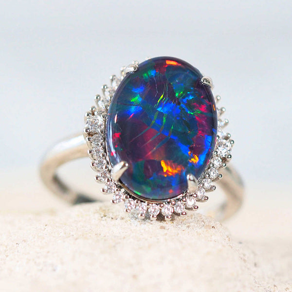 multi-colour australian silver opal ring with 34 crystals