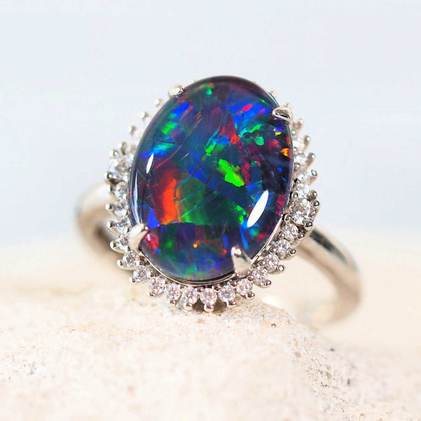 colourful triplet opal silver ring