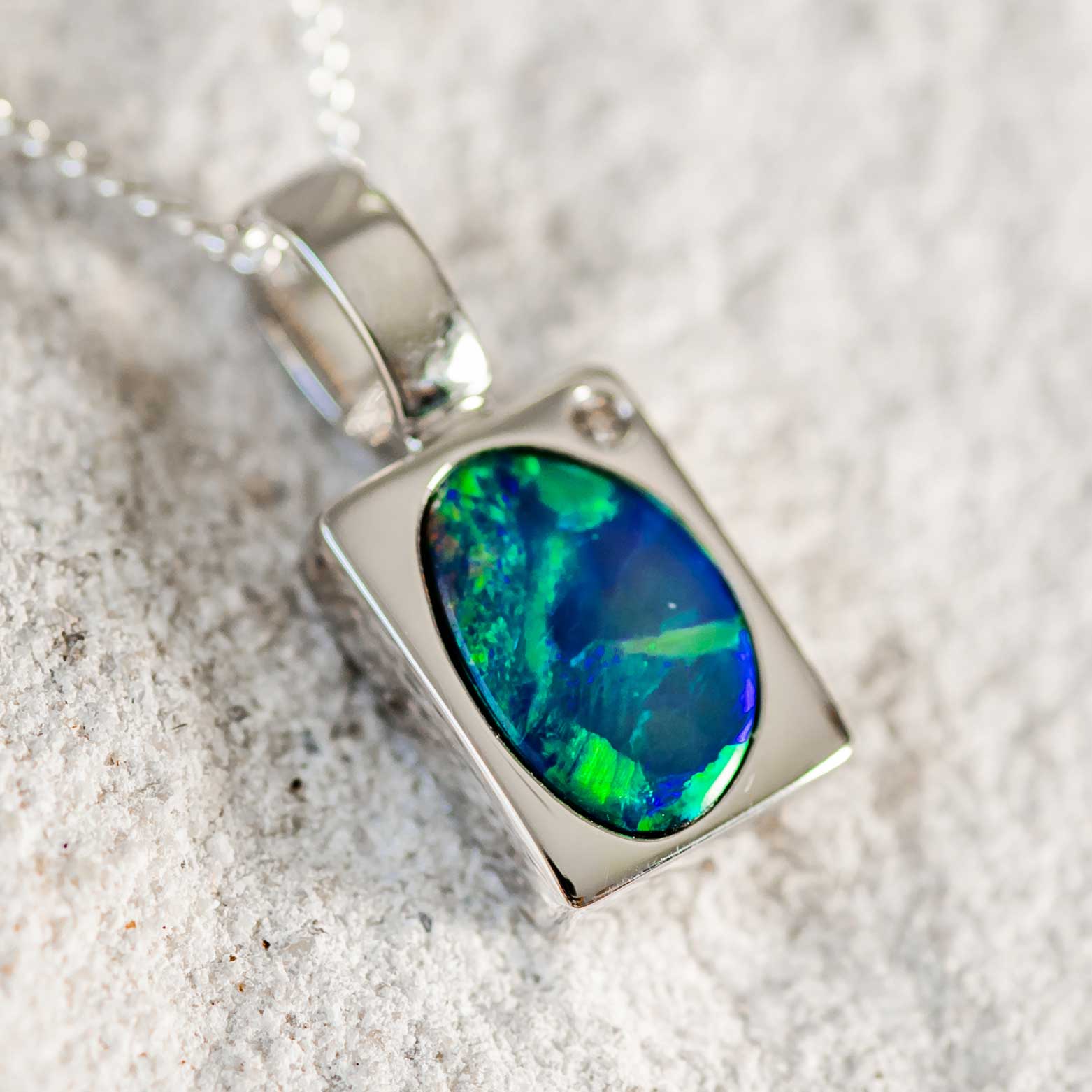 'Earth Dream' White Gold Australian Doublet Opal Necklace Pendant - Black Star Opal
