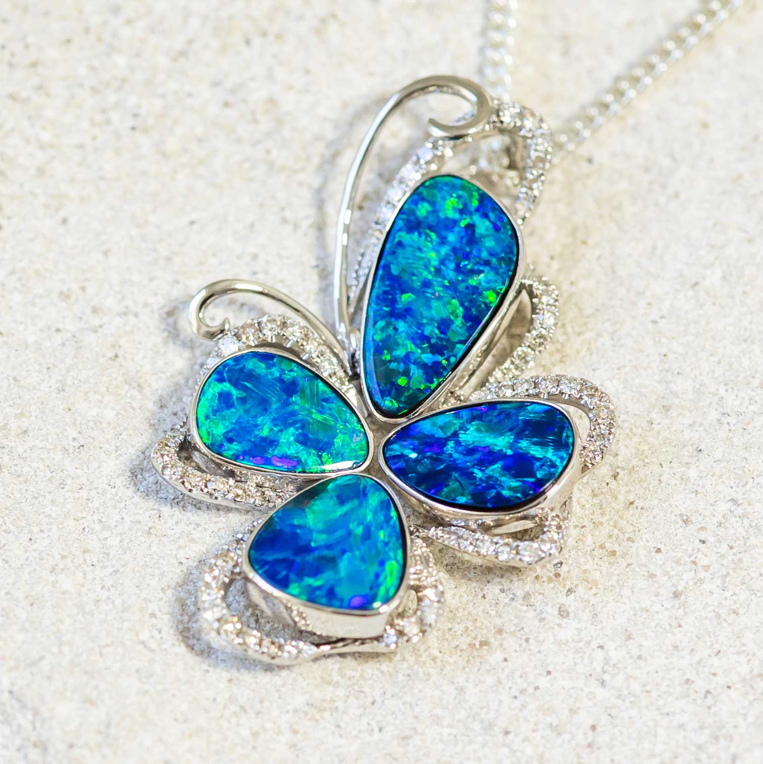 'Earth Flower' White Gold Australian Doublet Opal Necklace Pendant - Black Star Opal