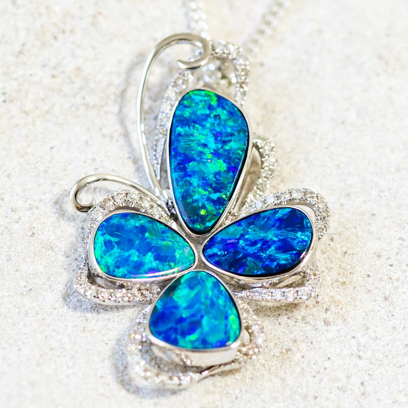 'Earth Flower' White Gold Australian Doublet Opal Necklace Pendant - Black Star Opal