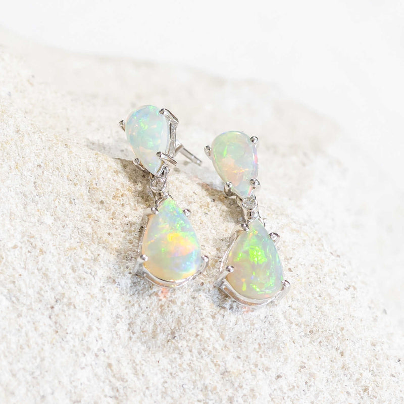 'Elaina' White Gold Australian Crystal Opal Earrings - Black Star Opal