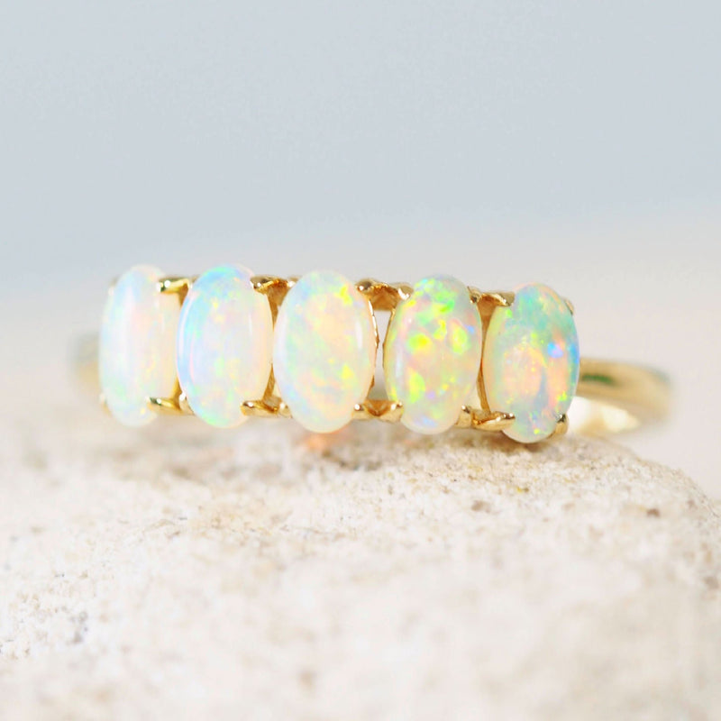 multi-colour crystal opal gold ring set with five colourful Australian solid opals in 14ct gold