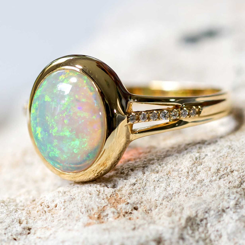 'Elena' Gold Australian Crystal Opal Ring - Black Star Opal