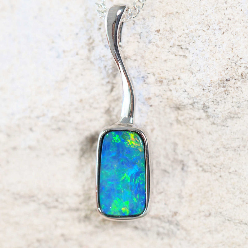 green and blue with yellow and pink flashes Australian opal necklace in silver
