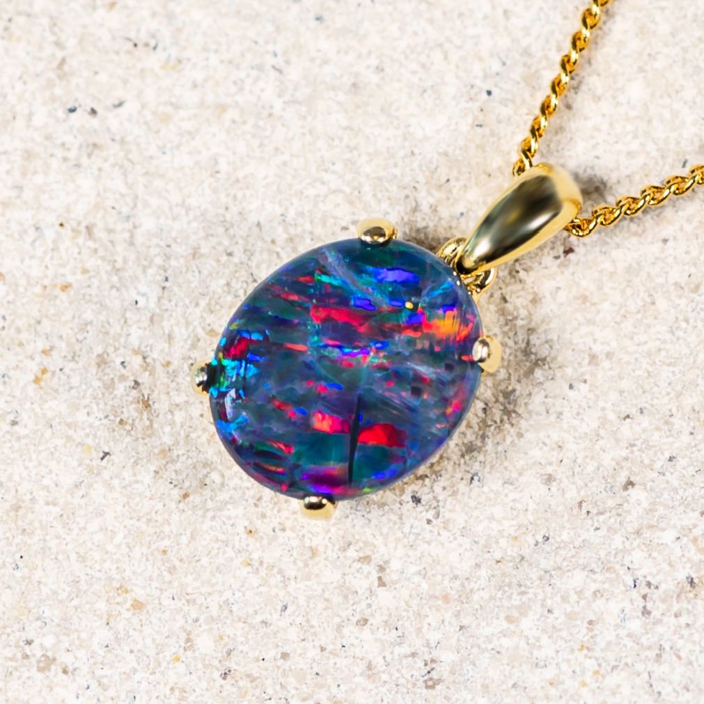 'Eliana' Gold Plated Silver Australian Triplet Opal Necklace Pendant - Black Star Opal