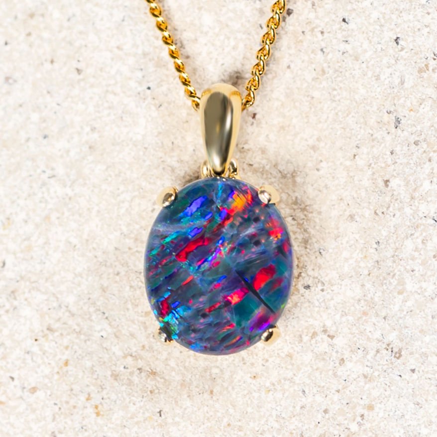 'Eliana' Gold Plated Silver Australian Triplet Opal Necklace Pendant - Black Star Opal