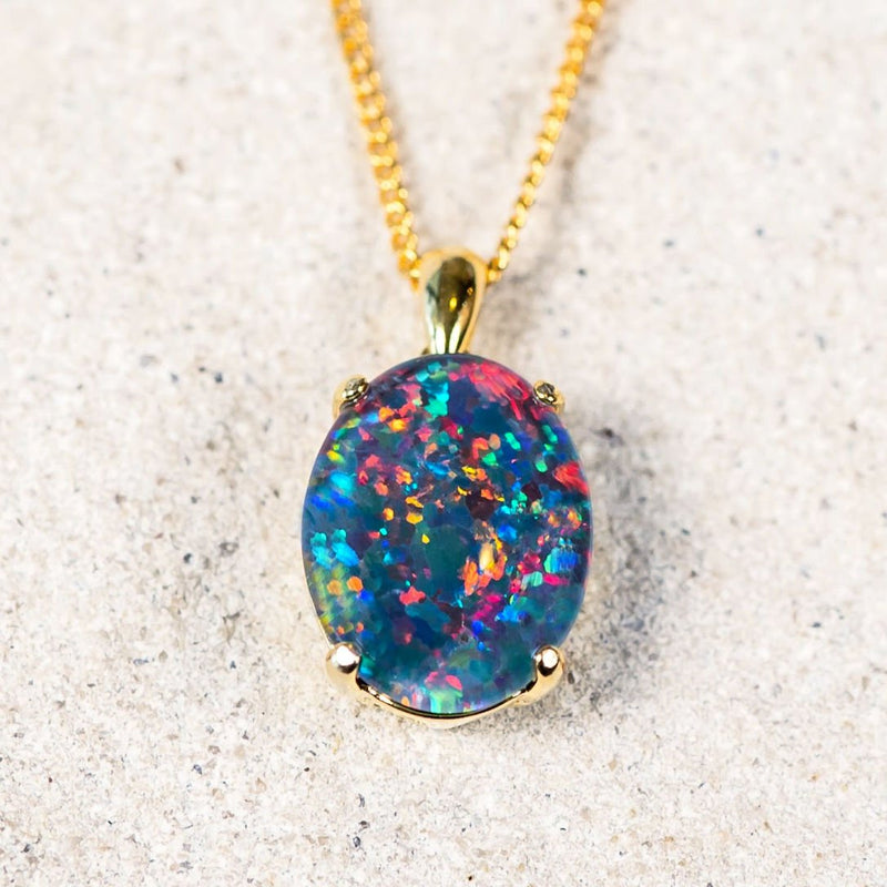 'Eliana' Gold Plated Silver Australian Triplet Opal Necklace Pendant - Black Star Opal