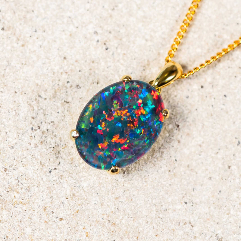 'Eliana' Gold Plated Silver Australian Triplet Opal Necklace Pendant - Black Star Opal