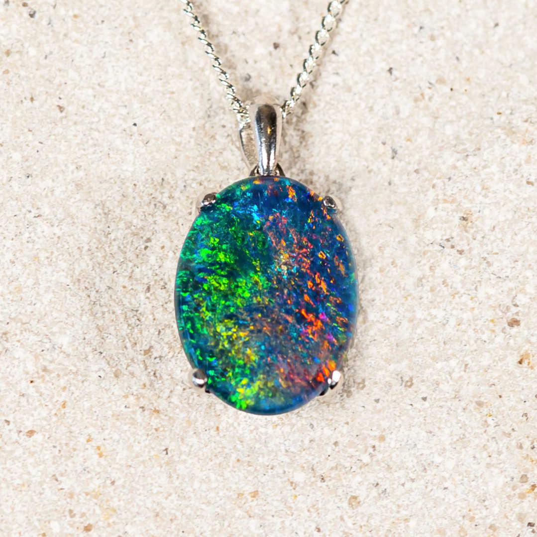 'Eliana' Silver Australian Triplet Opal Necklace Pendant - Black Star Opal