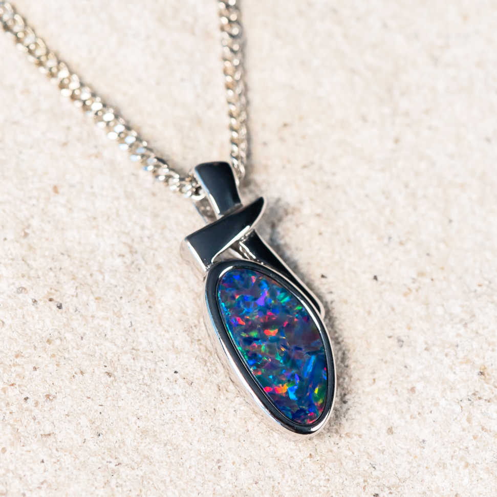 'Elida' Silver Australian Doublet Opal Necklace Pendant - Black Star Opal