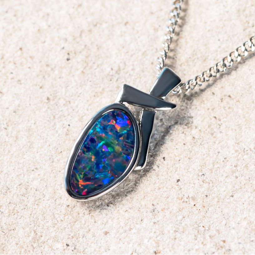 'Elida' Silver Australian Doublet Opal Necklace Pendant - Black Star Opal