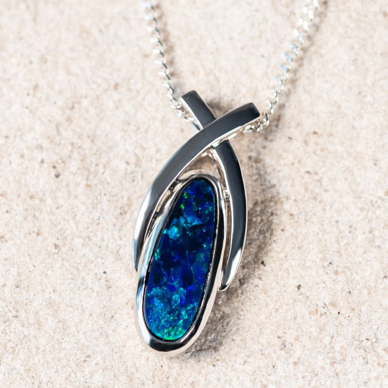 'Elida' Silver Australian Doublet Opal Necklace Pendant - Black Star Opal