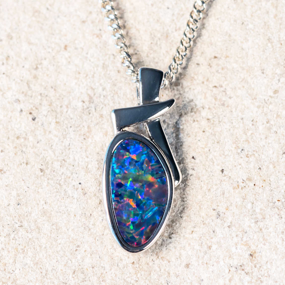 'Elida' Silver Australian Doublet Opal Necklace Pendant - Black Star Opal