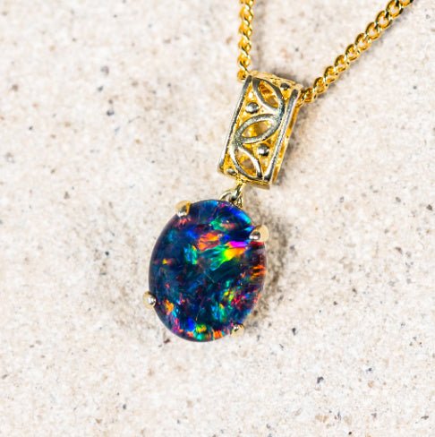 'Elizabeth' Gold Plated Australian Triplet Opal Necklace Pedant - Black Star Opal