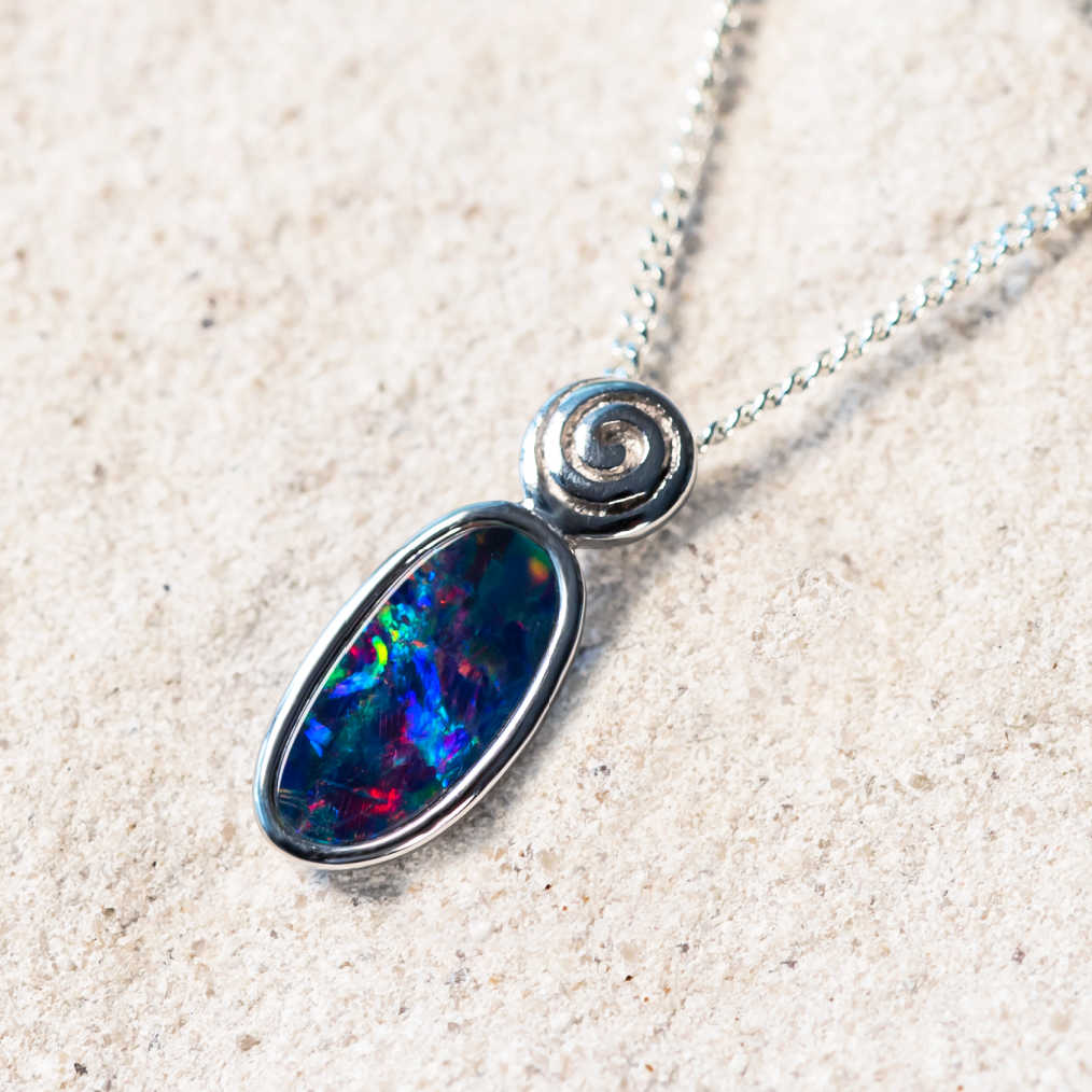 'Ella' Silver Australian Doublet Opal Necklace Pendant - Black Star Opal