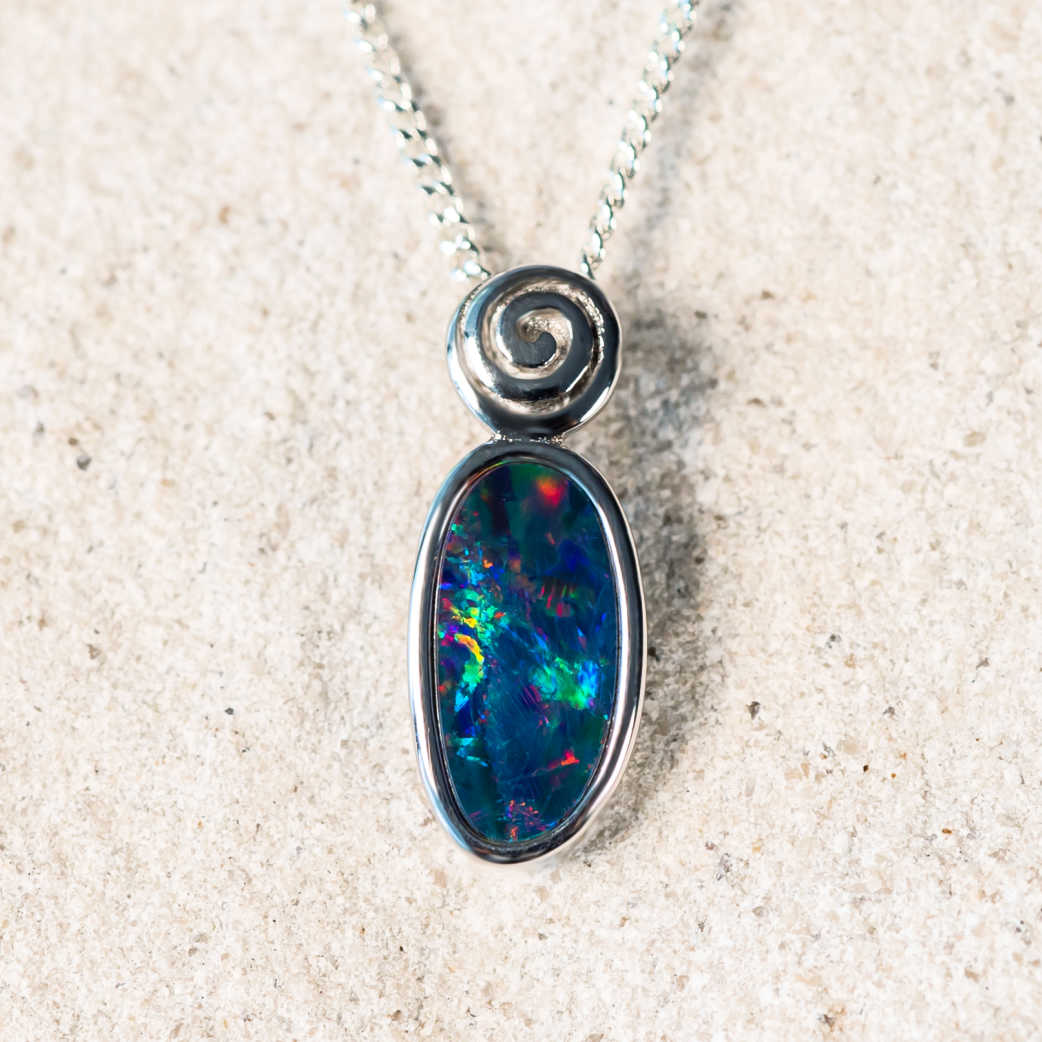 'Ella' Silver Australian Doublet Opal Necklace Pendant - Black Star Opal