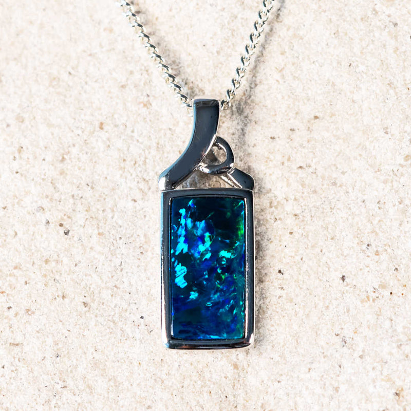 'Elsa' Silver Australian Doublet Opal Necklace Pendant - Black Star Opal