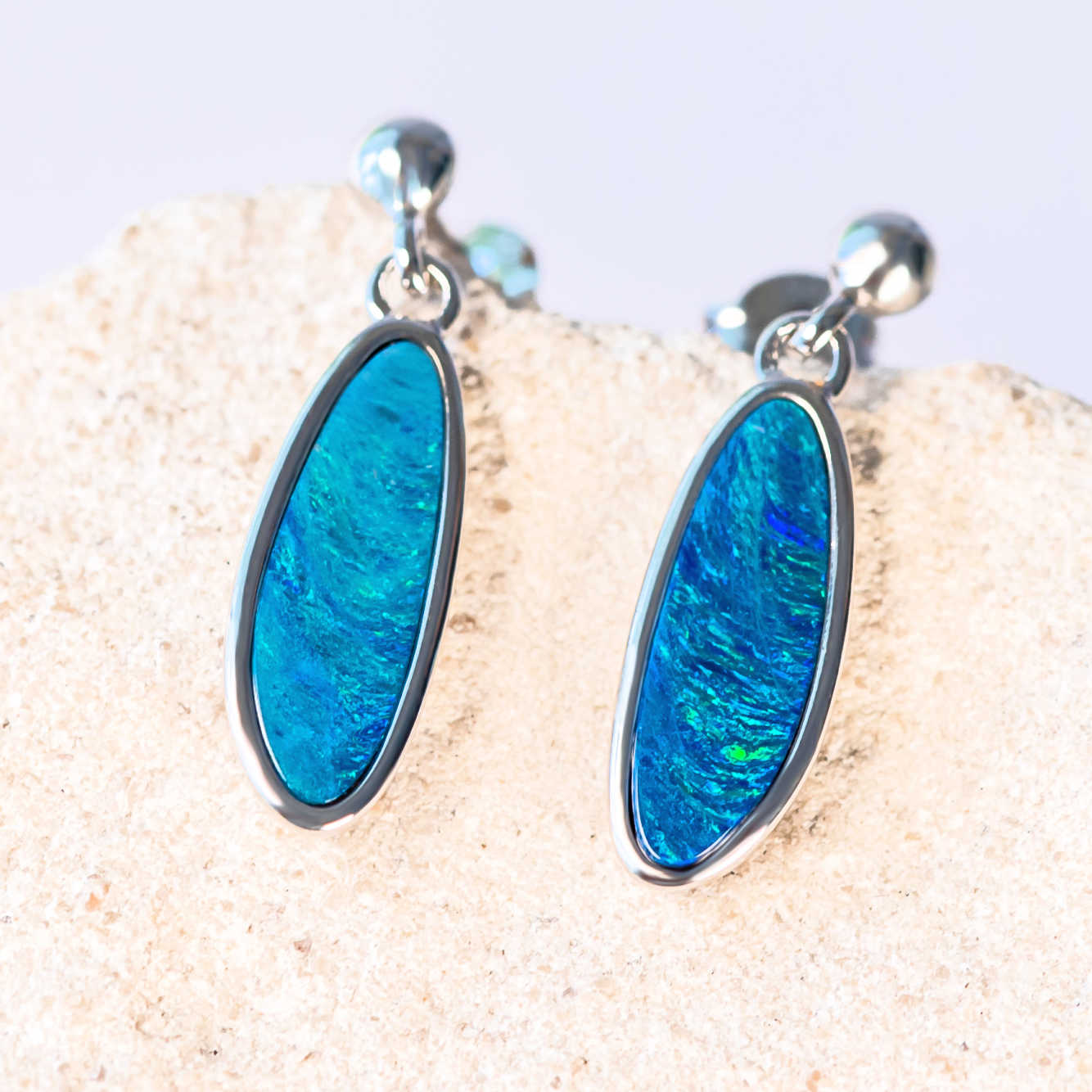 blue and green long oval doublet opal sterling silver earrings