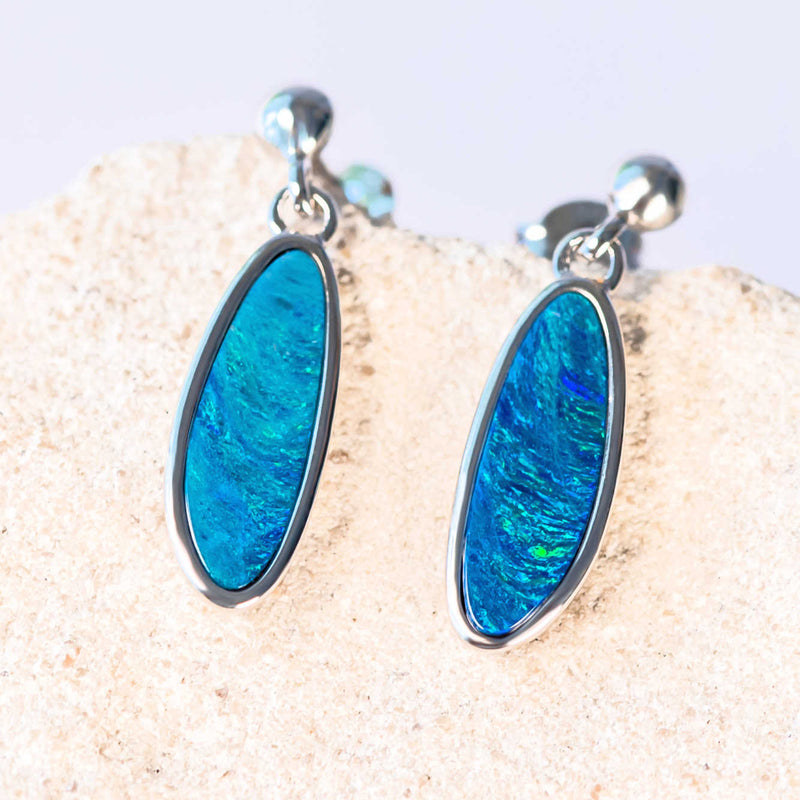 blue and green long oval doublet opal sterling silver earrings