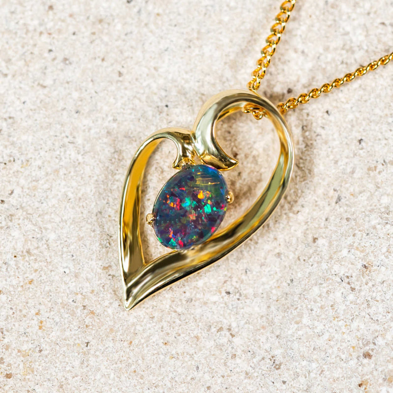 ‘Embrace’ Gold Plated Silver Australian Triplet Opal Necklace Pendant - Black Star Opal