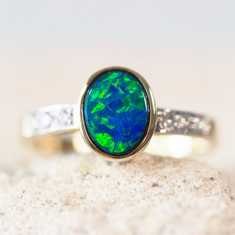 green and blue oval doublet opal gold ring