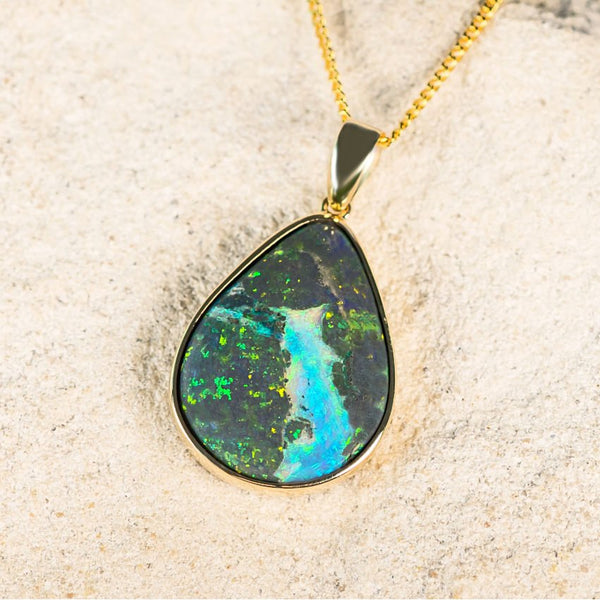 blue, green and yellow andamooka matrix opal gold pendant